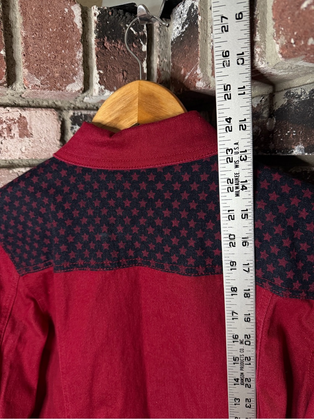 DG2 Red Denim Jean Collared USA Flag Stars and Stipes Button Up Jacket - Picture 6 of 7